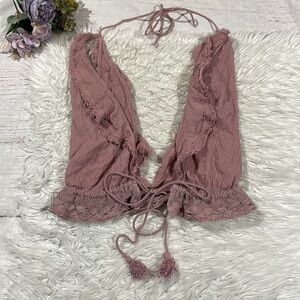 Free People Tie Front Tassel Pink Crop Top